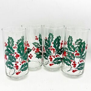 Libbey Christmas Holly Berry Tumbler Glasses Set of 4 Clear Crisa